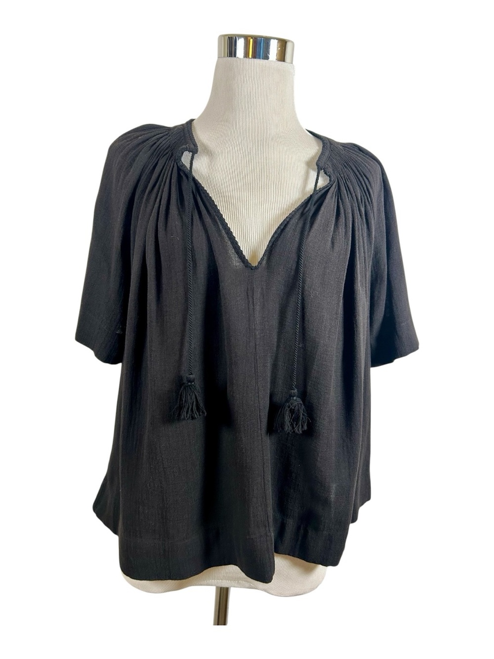Vince Black Crinkle Gauze Split-Neck Tassel Peasant Blouse Top